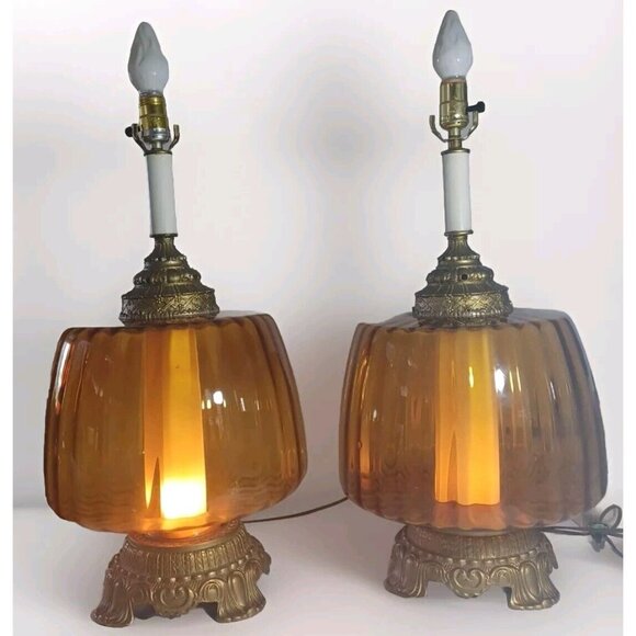 MUST BUY BOTH Vintage Mid Century Hollywood Regency Amber Glass Globe Table Lamp - Picture 14 of 16